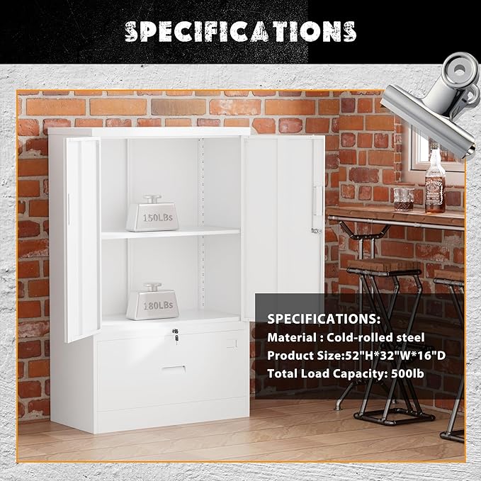 INTERGREAT Metal Storage Cabinet,Metal File Cabinet with Lockable Doors and Adjustable Shelves，Pantry Storage Cabinets for Garage,Home Office,Kitchen(White)