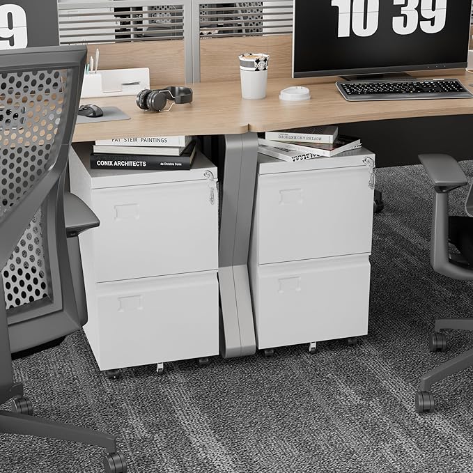 2 Drawer Mobile File Cabinet with Lock,Under Desk Metal Filing Cabinets for Home Office Fits Letters/Legal/A4 Size Folder, Assembly Required, White