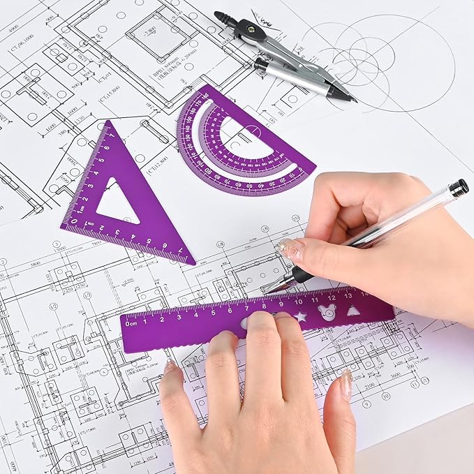 6 Pcs Metal Geometry Set, Math Geometry Kit, Metal Ruler Set and Compass Geometry Tool, Rulers Protractor and Compass Set for Student School and Drawings Supplies (Purple)