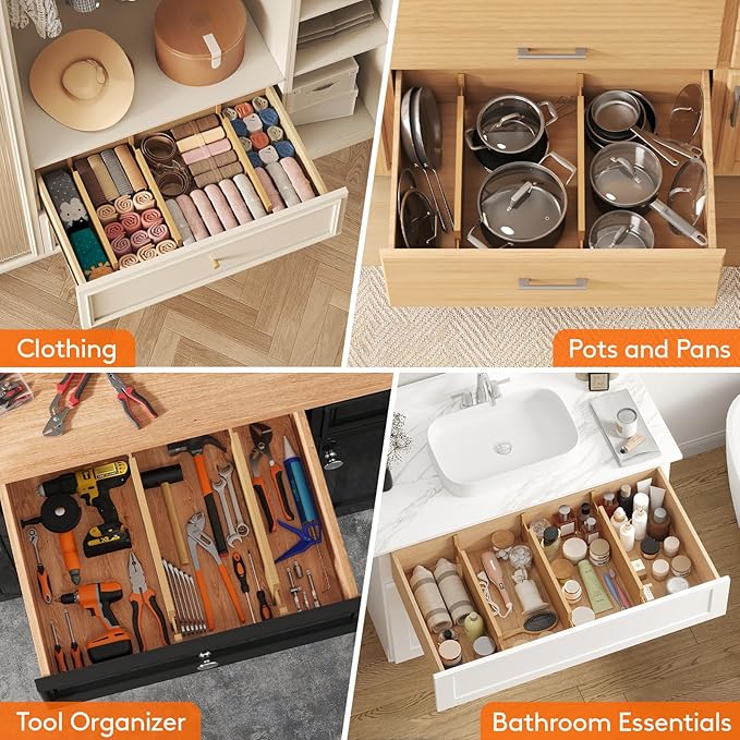 Lifewit 8 Pack Drawer Dividers Bamboo 6" High, 16-22" Adjustable Clothes Drawer Organizers, Expandable Dresser Separators in Bedroom/Bathroom/Kitchen/Office Organization and Storage