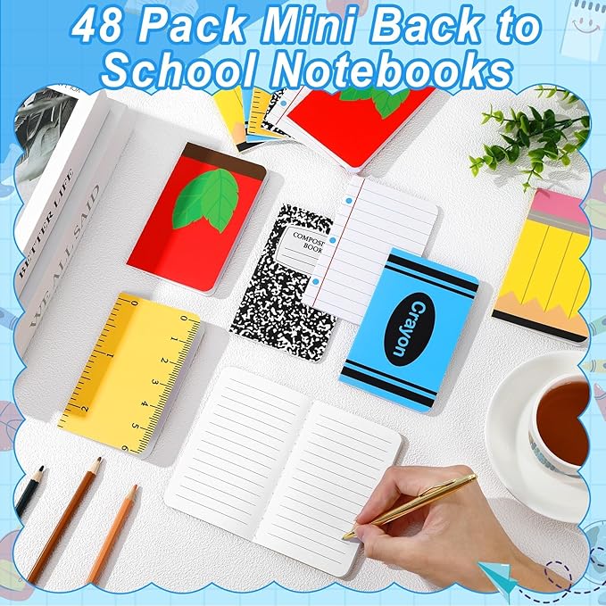 48 Pack Back to School Party Favor Mini Composition Books Small Pocket Size Crayon Pencil Apple Teacher Appreciation Notebooks for Students First Day of School Gift Favors Classroom Prize 5x3 Inch
