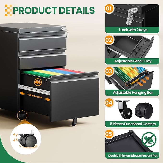 3 Drawer Mobile File Cabinet with Lock,Under Desk Storage Filing Cabinet for Home Office Fits A4 or Letter Size(Unassembled,Black)