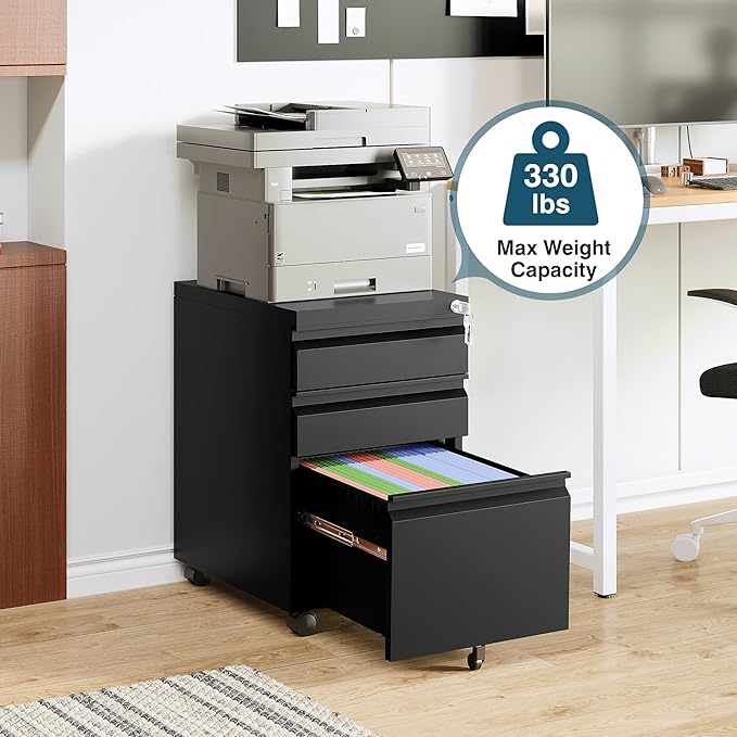 MIIIKO 3 Drawer File Cabinet on Wheels, Home Office Mobile File Cabinet Under Desk, Full Assembled Metal Filing Cabinets with Lock for Legal/Letter/A4 File Folders