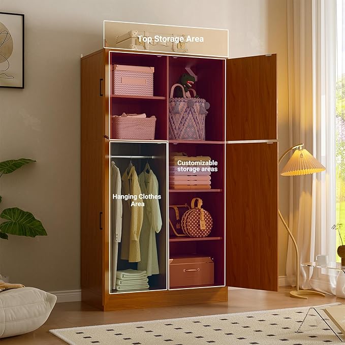 Unikito 71'' Farmhouse Wardrobe Closet with Hanging Rod, 4 Barn Door Storage Cabinet with Adjustable Shelves, Freestanding Closet Wardrobe Cabinet for Bedroom Living Room Office, Highland Oak