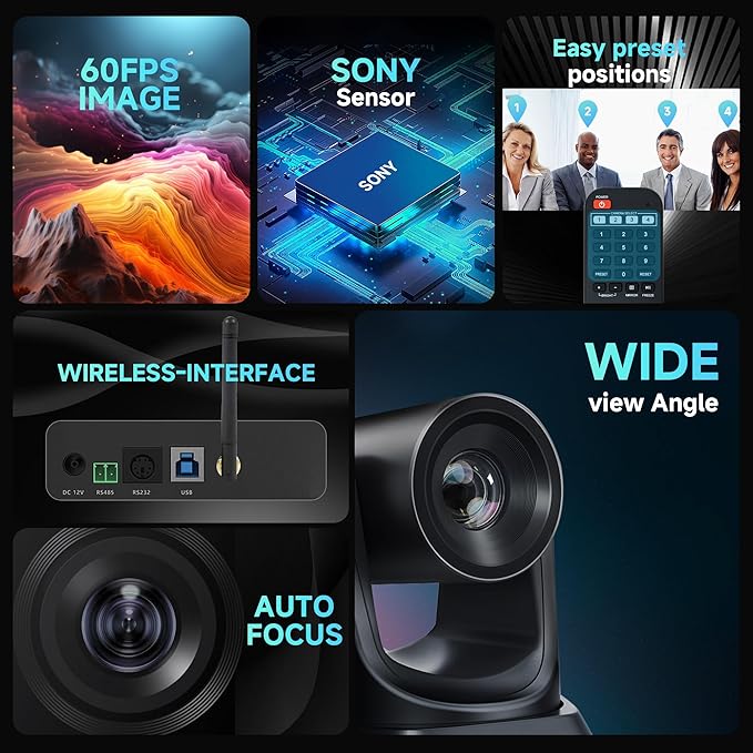 5.8GHz Wireless Conference Room Camera System | 3X 60fps PTZ Camera with Bluetooth Microphone, 50ft Range, Compatible with Zoom, OBS - Easy Setup for Worship and Online Meetings