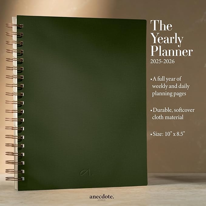 Anecdote 2025 Planner (8.5" x 10") Daily Planner Weekly Monthly Planner - 52 Weeks w/Library Buckram Cover, Brass Spiral - A4 Size Bleed-Resistant Paper – Evergreen