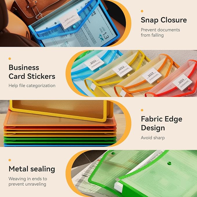 ABC life 6 Pack Plastic Expanding File Folder, Folders for Documents with Snap Closure, Colorful File Folder Organizer Holder, Transparent Accordion File Pouch,Large Capacity, Fit Letter/A4 Size