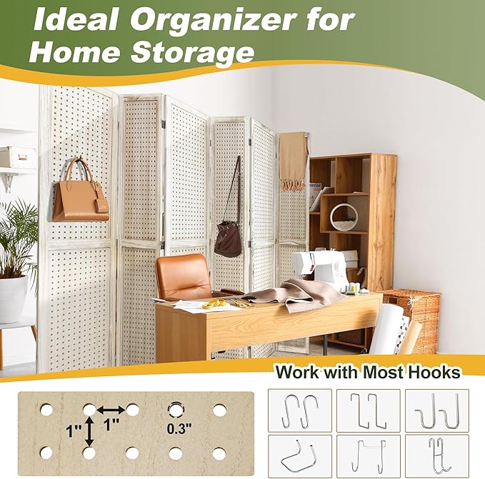 NicBex Room Divider 4 Panel Pegboard Display 5.6FT Wood PegBoard Room Dividers, Folding Privacy Screens Portable Display Board Wall Divider for Craft/Art Shows, Room Separation, Natural Wood