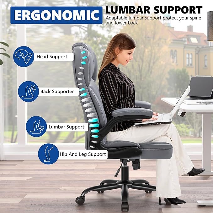 PU Leather Executive Office Chair, Ergonomic High-Back Computer & Gaming Chair with Adjustable Height, Rolling Swivel & Flip-Up Armrests, Comfy Padded Seat for Home Office-Gray