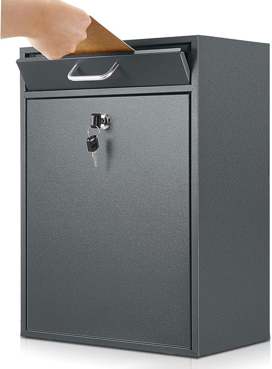 Locking Mailbox with Key for Outdoor 18 x 15 x 7 Inches Large Wall Mount Mail Box with Lock Security Mail Drop Metal Collection Boxes Hanging Secure Postbox(Dark Gray)