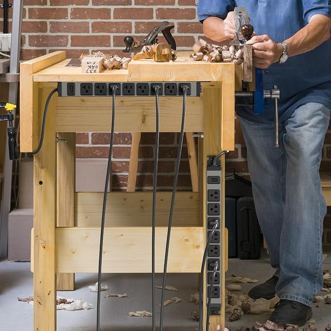 JUNNUJ Heavy Duty Power Strip Wall Mount, 20 Amp Surge Protector 1200J Metal 8 Outlet Under Desk Mounted 20A, Garage Power Bar Table Socket Industrial Outlets 6-20R T-Slot, 6FT 12AWG Extension Cord