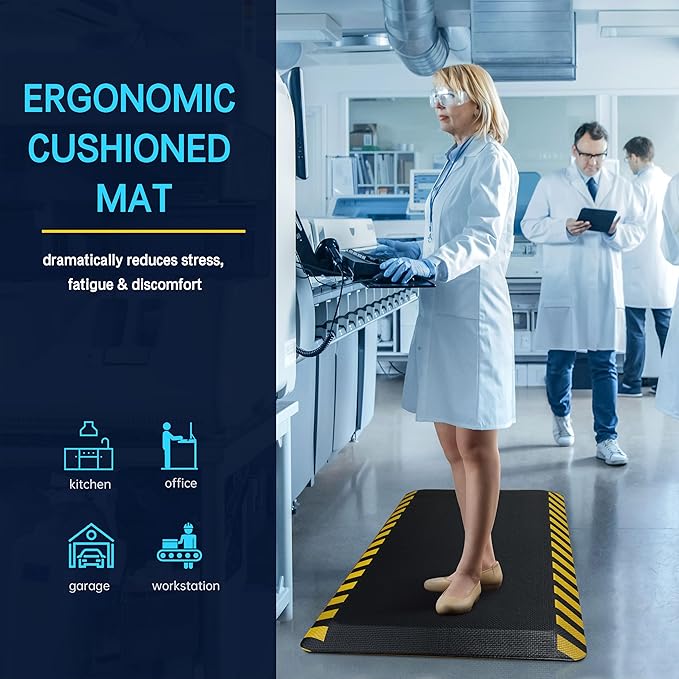 FEATOL Anti Fatigue Mats Industrial 4 Packs, Ergonomic Standing Floor Mat for Work for Stand, Black with Yellow Border Safety 24" x 70"-Support for Leg & Back Pain