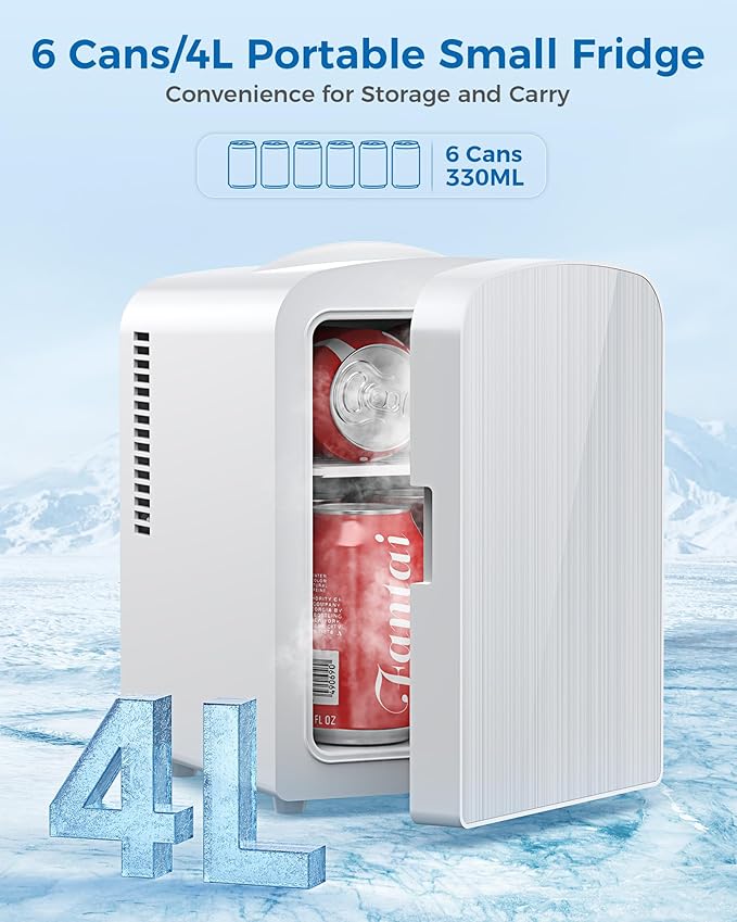 4L/6 Cans Mini Fridge, Portable Compact Refrigerator, Small Skin Care Fridge, Food and Drinks, Small Cooler for Bedroom, Dorm, Car, Office, White