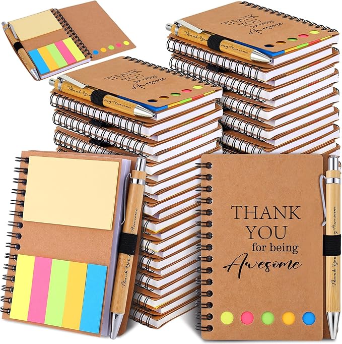 30 Sets Employee Appreciation Gifts Bulk Inspirational Spiral Notebooks with Sticky Notes Motivational Journals Ballpoint Pens Thank You Gifts for Teacher Nurse Coworker (30, Thank)