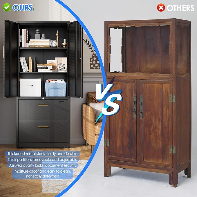 2 Drawer Lateral File Cabinet with Lock, Metal Filing Storage Cabinet with Locking Doors and 2 Adjustable Shelves for Home, Office, School, Fits A4/Letter/Legal Size Folders, Assembly Required