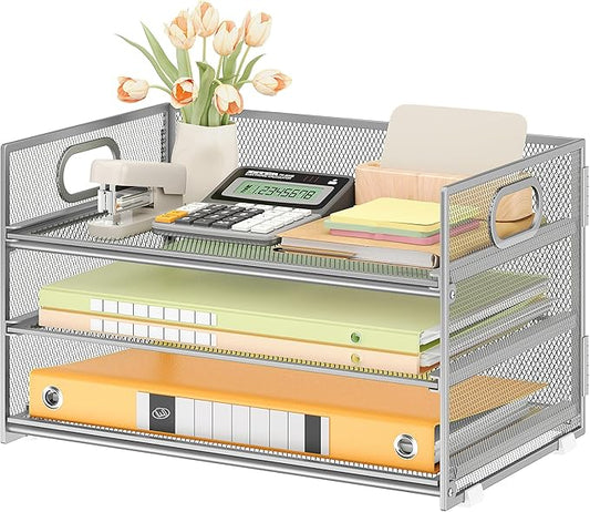 Subekyu 3 Tier Paper Desk Organizer with Handle and 1 PC Slideable Letter Tray, A4 Paper File Folder Sorter Metal Mesh Organizer for Home Office School Desk Supplies Organization Storage, Silver