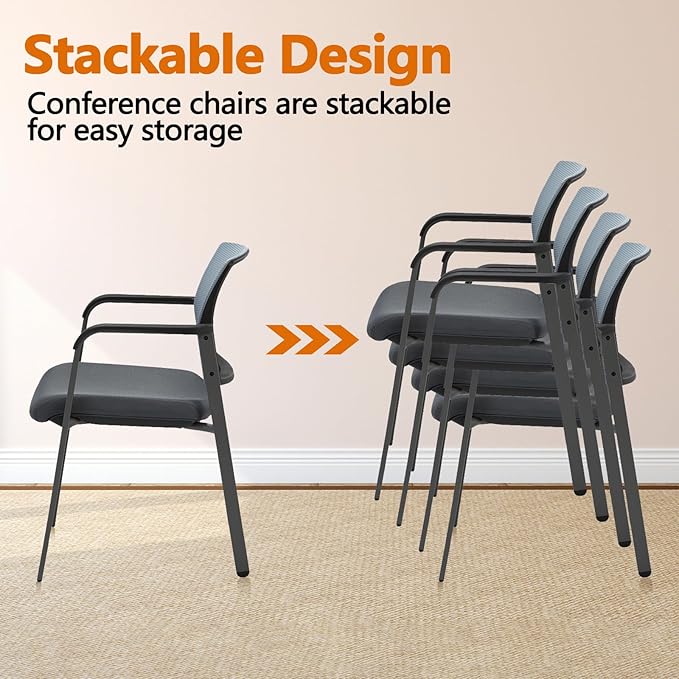 CLATINA Mesh Back Stacking Arm Chairs with Upholstered Fabric Seat and Ergonomic Lumbar Support for Office School Church Guest Reception Grey 2 Pack Set