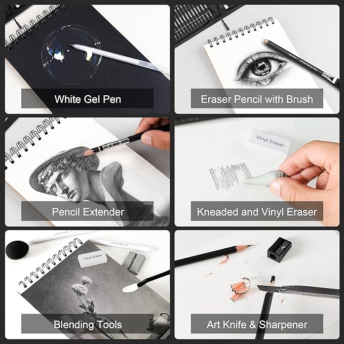 HIFORNY 100 PCS Drawing & Sketching Set, Professional Art Supplies with Graphite,Charcoal, Colored,Watercolor,Metallic Pencils,Blending Tools,Sketchbook and Coloring Book in Zipper Case (Grey)