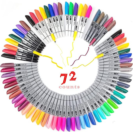Permanent Markers 72 Assorted Colors - Waterproof Colored Pens Set 45 Fine Tip, 8 Ultra Fine, 8 Chisel Tip, 6 Neon, 5 Metallic Markers Home Office School Supplies for Kids, Adults Coloring