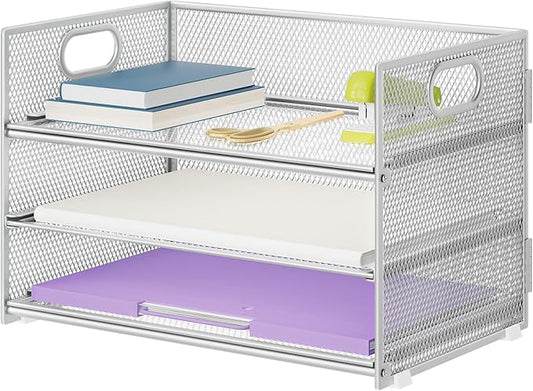 Marbrasse 3 Tier Paper Organizer Letter Tray, Mesh File Organizer with Handle, Paper Sorter Desk Organizer for Home Office Supplies - Silver