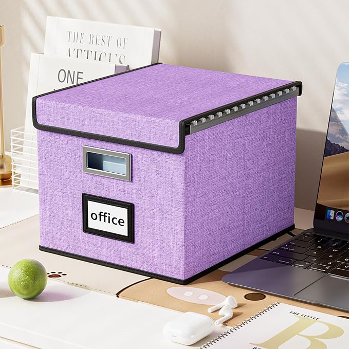 Huolewa Decorative File Organizer Storage Box with Lid, Linen Hanging Filing & Storage Box with Plastic Slide for Office/Decor/Hom, Universal Hanging Filing Organization Box for Letter/Legal Folder