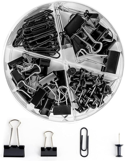 Paper Clips and Binder Clips Set, Metal Assorted Sized Binders with Push Pins, Black Office Supplies for Desk, Durable Desk Accessories