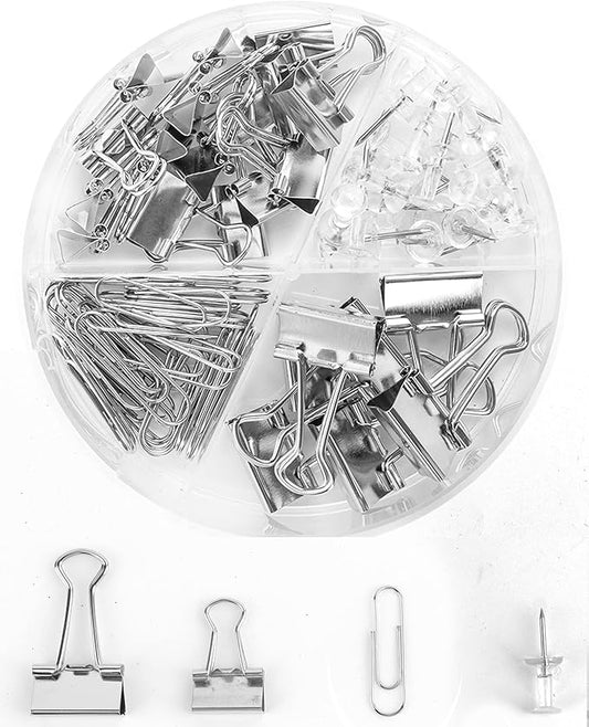 Silver Binder Clips and Paper Clips Push Pins Tacks Sets, Total 72 PCS Assorted Sizes Office Supplies Set for Women, Student, School, Home & Desk Supplies