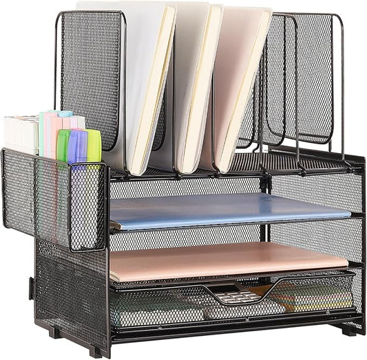 Desk Organizers and Accessories, 3-Tier Paper Organizer with 5 Vertical File Holders, File Organizer for Desk (Black With Drawer, 3T With Drawer)