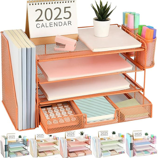 gianotter Paper Letter Tray Organizer with File Holder, 4-Tier Desk Accessories & Workspace Desk Organizers with Drawer and 2 Pen Holder for Office Supplies (Orange)