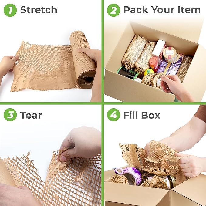 HexaFil Mini - Honeycomb Packing Paper, Eco-Friendly, Sustainable Filler for Shipping & Moving, Cushioned Packing Material in Dispenser Box, Alternative to Bubble Wrap - Natural, 12" x 850'