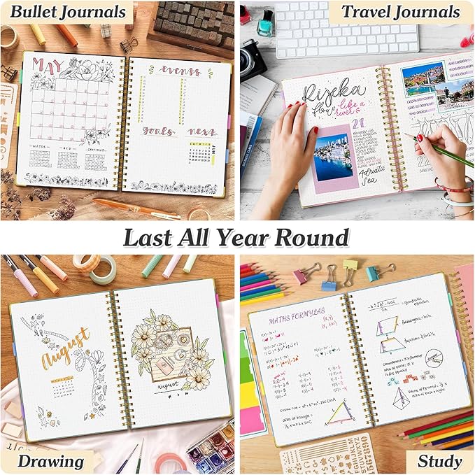 Bullet Dotted Journal Spiral Notebook, 300 Pages Leather Notebooks with Contens, 120 GSM Thick No Bleed Through Paper Journals, A4 Large Dot Grid Notebook for Women Men Work Writing, 8.5" x 11", Pink