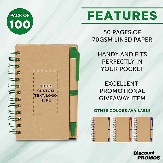 Custom Mini Spiral Notebooks with Black Ink Pens Set of 100, Personalized Bulk Pack - Perfect for School, Office, Business, Home - Green
