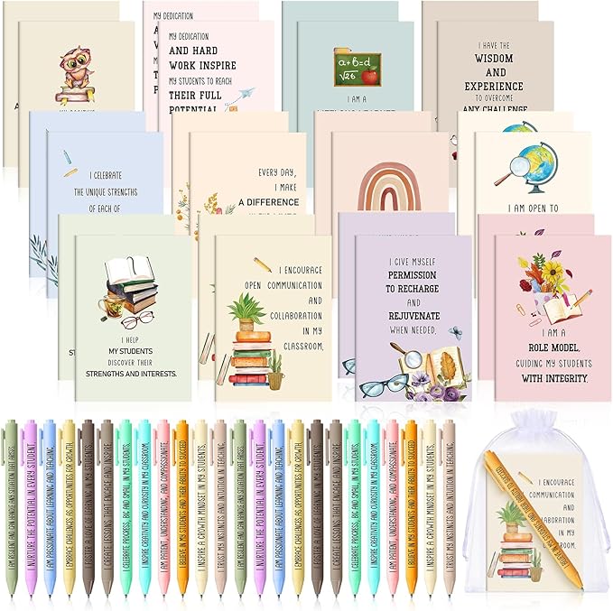 24 Set/48 Pcs Positive Affirmation Gift Set Gratitude Notebooks with Pens Small Bags Motivational Encouragement Notepads Daily Affirmations Journal for Women Stress Relief Self Care (Teacher)