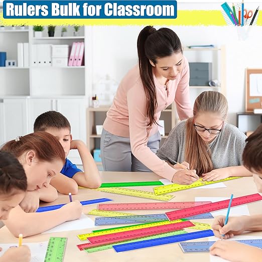 200 Pcs Rulers Bulk, 12 Inch Plastic Assorted Color Clear Rulers with Inches Centimeters Millimeter. Measuring Drawing Tool for Kids, Ideal Back to School Classroom Office Home Supplies