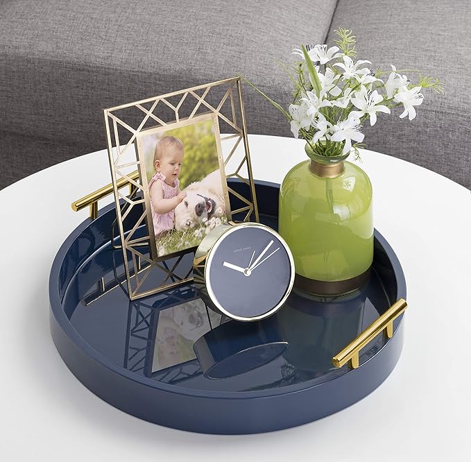 Kate and Laurel Lipton Modern Round Tray, 15.5" Diameter, Navy Blue and Gold, Decorative Accent Tray for Storage and Display