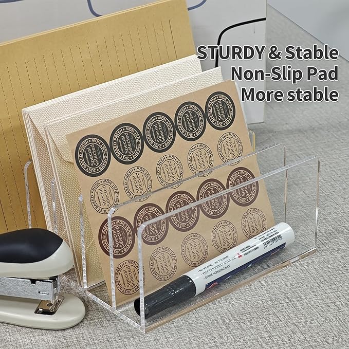 Acrylic Desk File Organizer Holder, Clear Acrylic Upright File Sorter Document Magazine Storage Organization Letter Folder Racks for Notebook,Home, Office & Classroom,5 Compartments