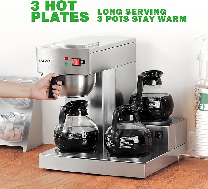 12 Cup Commercial Coffee Maker, Drip Coffee Maker Machine with 3 Warmers Plate and 3 Glass Decanters, Stainless Steel Pour Over Commercial Coffee Brewer for Restaurant, Office, Cafe Use