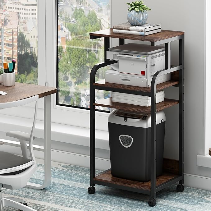 4-Tier Printer Stand with Adjustable Storage Shelf, Large Tall Printer Table with Wheels for Home Office Small Spaces Organization, Rustic Brown