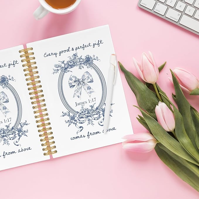 Chinoiserie Bow Christian Spiral Notebook, Vintage Blue and White Porcelain Floral Bible Journaling Notebooks for School, Preppy Girly Hardcover Journals for Women, 160 Pages 5.5 x 8.3 Inch