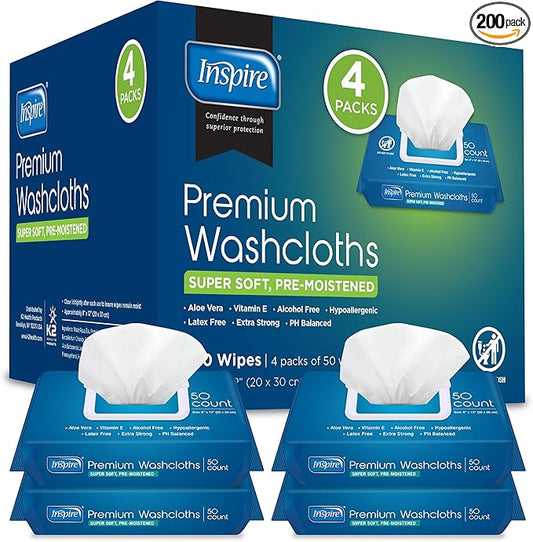 Inspire Adult Wet Wipes, Wash Cloths | Adult Wipes for Incontinence & Cleansing for Elderly, 8"x12" (200 count)