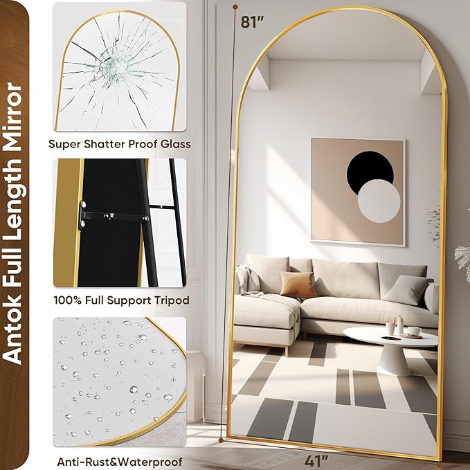 Antok Full Length Mirror, 81"x41" Oversized Floor Mirror Freestanding, Full Body Floor Standing Mirror with Stand, Hanging Mounted for Living Room Cloakroom,Gold,Arched Style