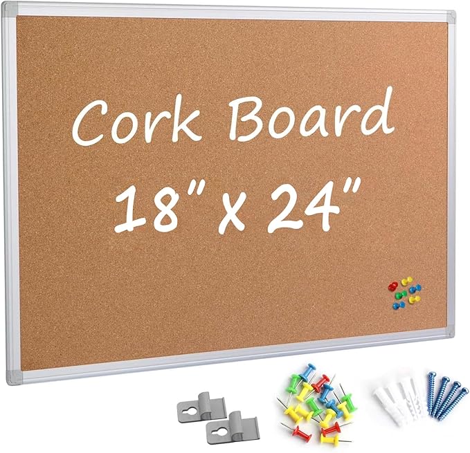 Board2by Cork Board Bulletin Board 24 x 18 Inches, Silver Aluminium Framed Corkboard, Office Board for Wall Cork, Large Wall Mounted Notice Pin Board for Home, Office and School