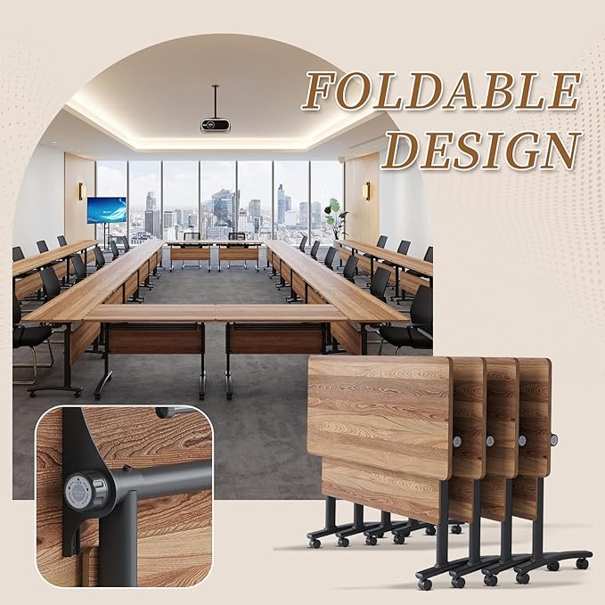 Folding Conference Room Table, Modern Conference Tables with Silent Wheels, Large Rectangular Mobile Training Tables for Office Classroom, Foldable Modular Boardroom Seminar Table (2pack L63in)