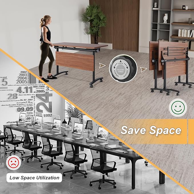Conference Room Table with Silent Wheels, Mobile Folding Conference Table for 16 Person,Flip Top Office Training Tables with Walnuts Wood Tabletop, for School,Business Meeting Rooms (4 Pack 55in)