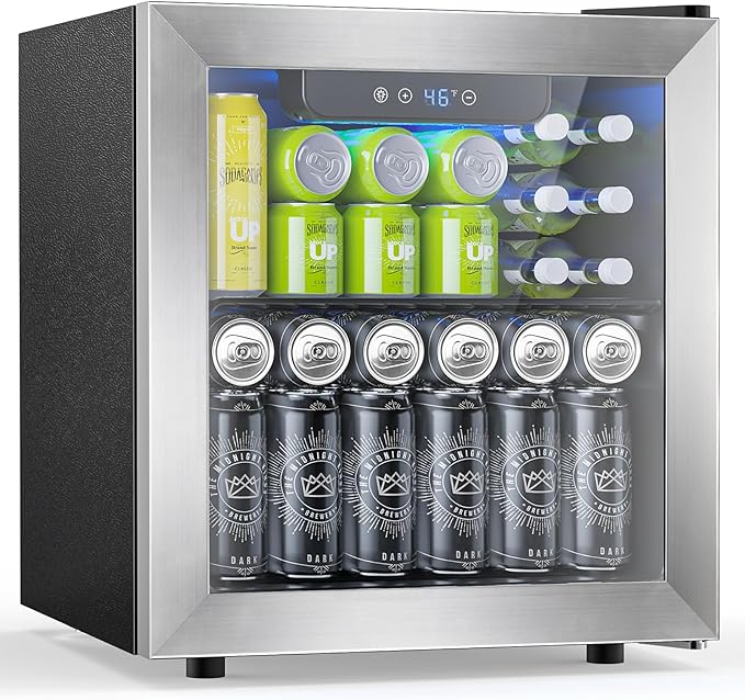 48 Can Beverage Refrigerator,12 Bottle Wine Cooler with Stainless Steel Glass Door, Digital Temperature Display, Countertop Mini Fridge for Soda, Wine or Beer, Silver