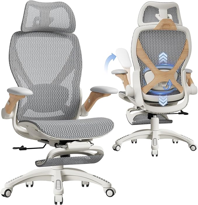 ELABEST X100 Ergonomic Office Chair with Footrest, Big and Tall Home Desk Chair with 5D Flip-Up Arms, Adjustable 7D Lumbar Support,High Back Rolling Computer Chair, Swivel Mesh Chairs (Foggy Morning)