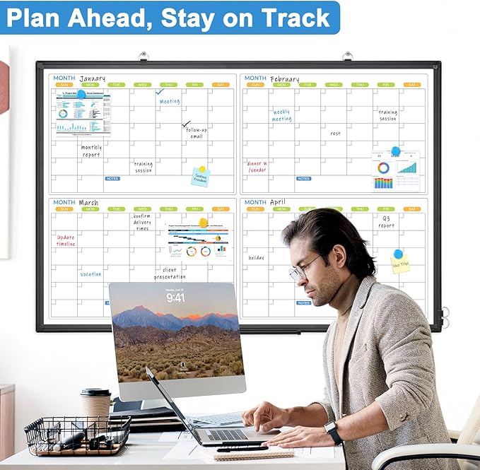 Dry Erase Calendar for Wall 4 Month, WALGLASS 48" x 36" Large Double-Sided White Board Calendar, Dry Erase Monthly Planner, Black Aluminum Frame Hanging Wall Mounted Whiteboard for Office Home School