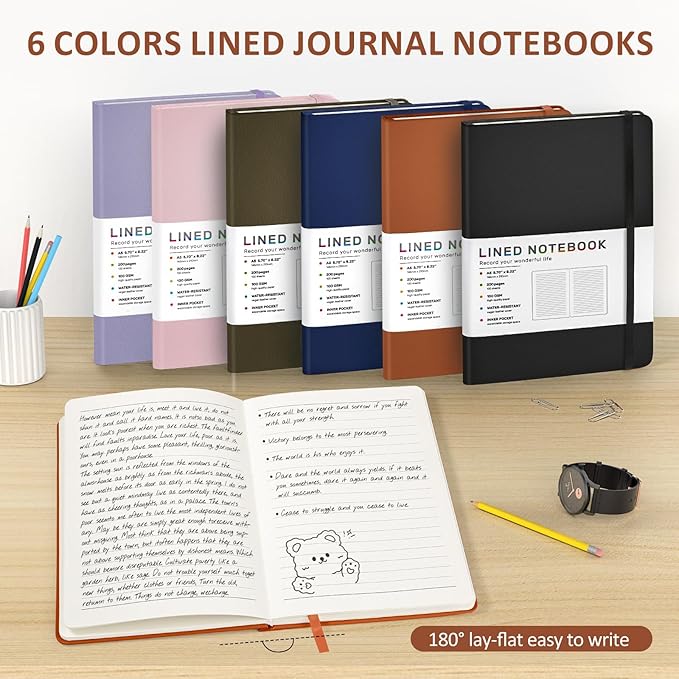 Lined Journal Notebook for Women Men, 200 Pages A5 Hardcover Leather Journals for Writing,Travel,School,Office,Work,Business,College Ruled Notebooks for Note Taking, Diary Notepad 5.7"×8.3"(Brown)