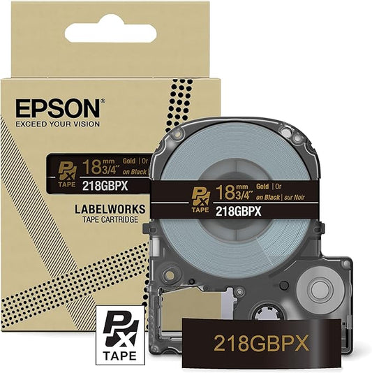 Epson LABELWORKS 218GBPX Genuine PET (Polyester) Tape Cartridge - Gold on Black Designer Craft Label Maker Tape - 3/4" (18MM) Wide, 30'