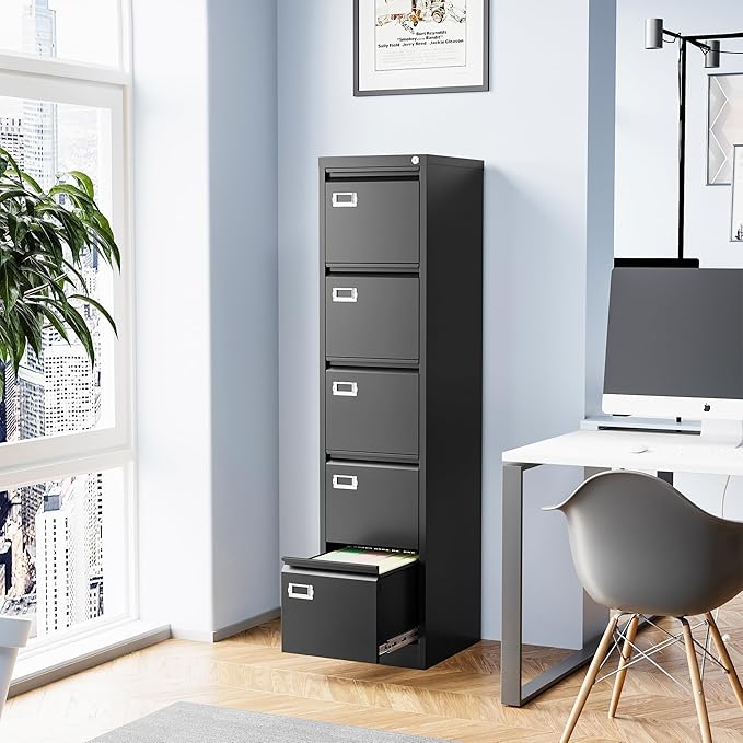 5 Drawer File Cabinet, Filing Cabinets for Home Office, Vertical File Cabinet with Lock, 61.6" H Locking File Cabinet for A4 Legal/Letter, Assembly Required (Black)